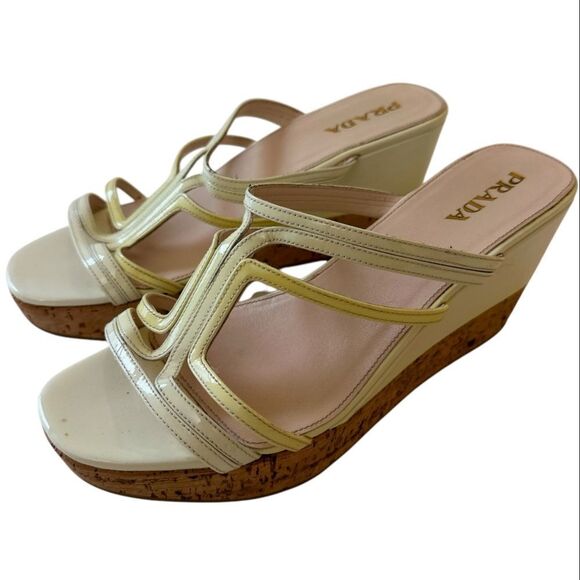 PRADA Beige Wedge Patent Leather Strappy Slide Sandals - Picture 3 of 12